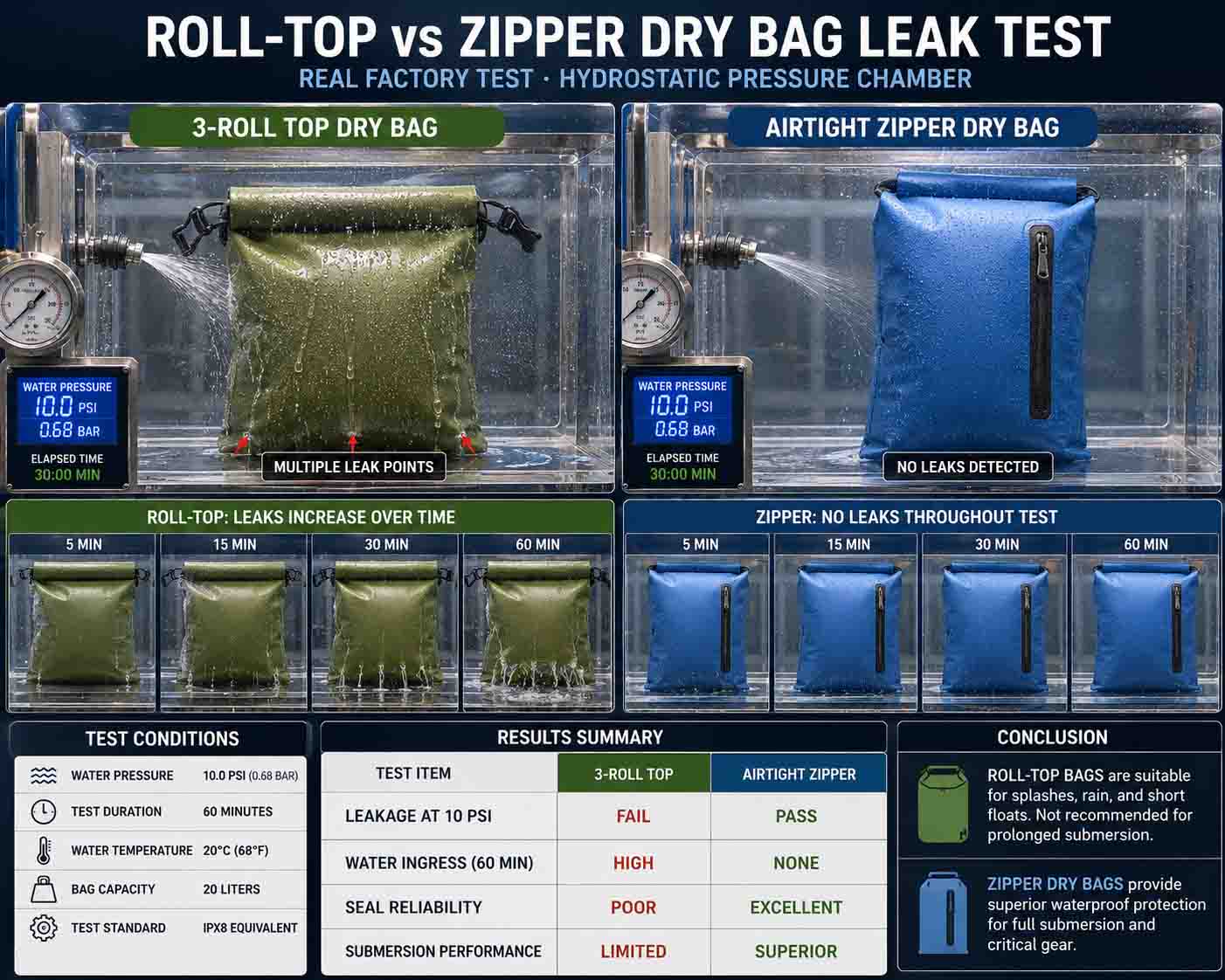Roll-Top versus Dry Bag met ritssluiting: de waterdichte mythe ontploft