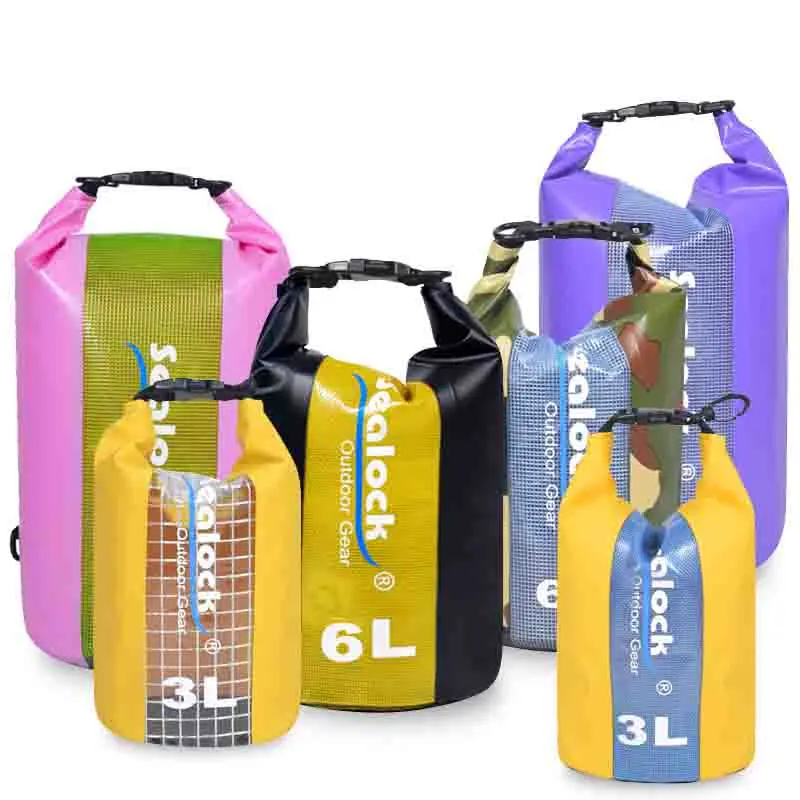 Waterdichte droge tas met PVC roltop, helder venster en schouderband met snelsluiting